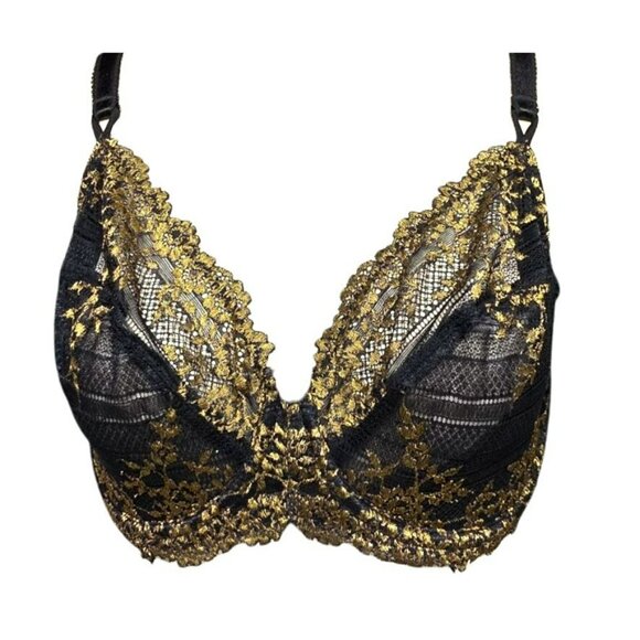 Wacoal Black & Gold Lace Underwire Bra 36DD Sexy Lingerie Floral Sheer 65191 - Picture 2 of 9